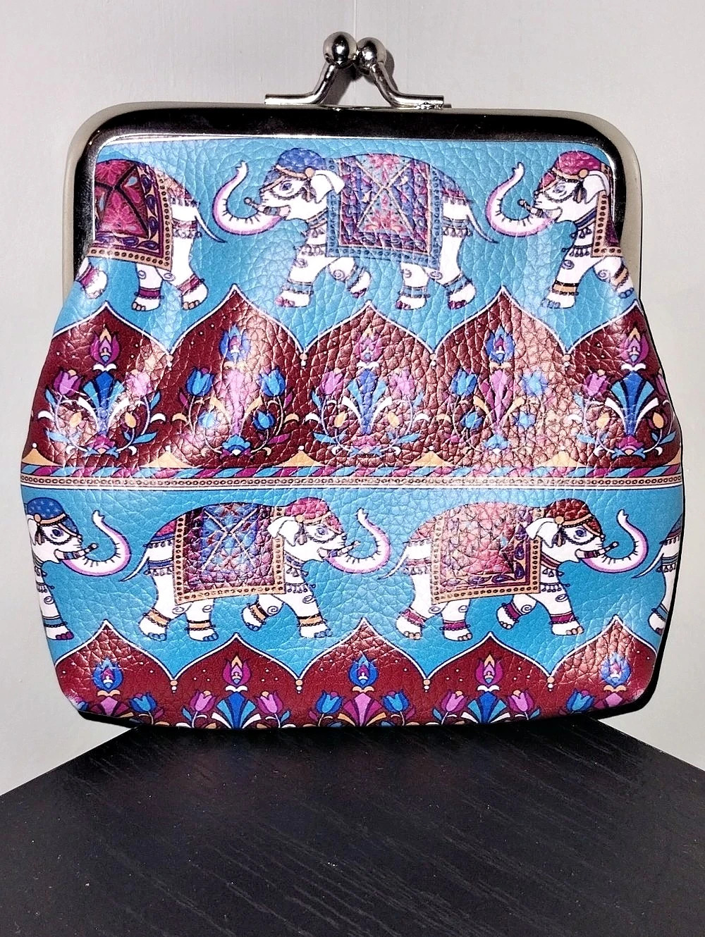Elephant Print Kiss Lock Coin Purse in Blue & Red